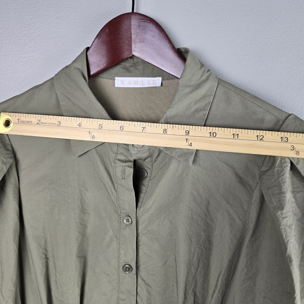 Karlie Solid Pleat Bubble Hem Mini Shirt Dress Button Up Olive Green Womens Sz S - Picture 10 of 15